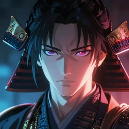 neon Samurai. Anime style. Detailed face. Dramatisch lights