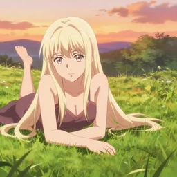anime art full body portrait woman, concept art, anime key visual of elegant young female, platinum blonde straight bangs and large eyes, finely detailed perfect face delicate features directed gaze, laying down in the grass at sunset in a valley, trending on pixiv fanbox, studio ghibli, extremely high quality artwork