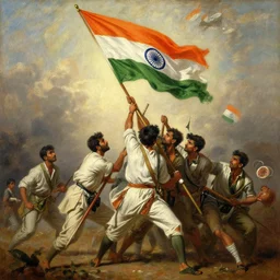a cinematic dramatic scene of indian freedom fighters hoisting indian flag, oil on canvas, by abraham pether, by carl gustav carus, by greg rutkowski, trending on artstation, featured on pixiv, masterpiece, dramatic composition, brilliant lighting, highly detailed, hd, 8 k