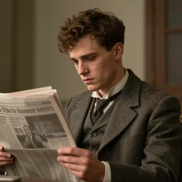 a young man, short brown curly hair, young man, newspaper reporter, tired, gaunt, handsome, wearing a cheap suit unreal render cinematic lighting art 1 9 2 0 period drama by bussiere rutkowski andreas rocha