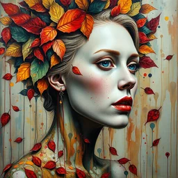 scarlet johansson, intricate detailed color smashing fluid oil paint and acrylic paint, autumn leaf headdress, 🍄, melting wax, mycelia, abstract impressionism, surrealism, ruan jia, fantasy, hyper detailed, concept art, by gustav klimt and cy twombly and irakli nadar