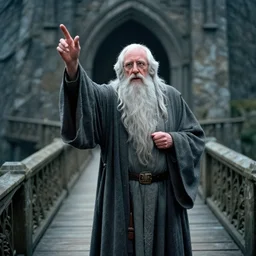 Bernie Sanders as Gandalf the grey in full robes defending the Bridge of Khazad-dûm, 35mm film