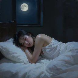 nighttime!!! oil painting of a beautiful wet!! young woman sweating with insomnia in her bed, a dark!!! room lit only by pale moonlight through a black window, white sheets and white nightgown, backlit glow, beautiful, cool palette, art by sam yang