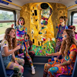 rebellious teens on the train making trouble, psychedelic, patterned skin, trending on artstation, photorealism, vibrant colors, digital art, in the style of harumi hironaka, gustav klimt, egon schiele, coby whitmore, david bates, monet, lisa frank, picasso, octane render.