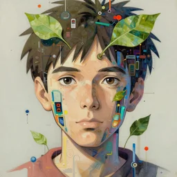 abstract portrait, cyberpunk art, floating detailes, very detailed face, leaves by miyazaki, colorful palette illustration, kenneth blom, mental alchemy, james jean, pablo amaringo, naudline pierre, contemporary art, hyper detailed