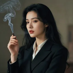 portrait painting ofpretty woman, long black hair, suit, smoking unreal render cinematic lighting art 1 9 2 0 period drama by bussiere rutkowski andreas rocha