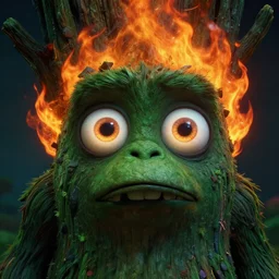 detailed rocky scene, a close up of a funny tree monster creature with detailed large glowing eyes, and flaming hair by maurice sendak, shaun tan made in hyperrealistic 3 d, octane render, dark green colours, sharp focus, 8 k, nighttime