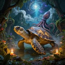 fantasy fairytale story, great leviathan turtle, hybrid, reptilian cyborg, cephalopod, squid terrapin, cthulhu, mysterious island universe, cozy, hot springs cave, forest, candlelight, natural light, lush plants and flowers, mountains, bright clouds, luminous stellar sky, outer celestial worlds, intense fantasy atmospheric lighting, hyper realistic, golden dapple lighting, jessica rossier, michael cheval, michael whelan, unreal engine, hd,