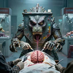 daniel brereton paints atomic eu garbage compactor face on multi claw - armed kaiju autopsy total gastrectomy surgery with brain removal in plague panorama using pox scalpels