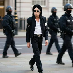 michael jackson 2 0 0 9 wearing shades, alone, this is it style, photo real, motion blur, spotted with body guards in london across the road, walking, in the distane, by himself, real life, spotted, ultra realistic face, accurate, 4 k, movie still, uhd, sharp, detailed, cinematic, render, modern