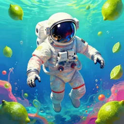 a digital painting of a skeleton in an astronaut suit with a broken helmet floating in a bright colorful alien ocean surrounded by limes!!!!!!, sharp focus, retro futuristic by todd schorr