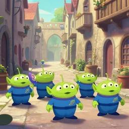 cute weird aliens walking a medieval street, fantasy, concept art, artstation, disney, pixar, dreamworks, anime, tyler edlin, feng zhu, shaddy shafadi, thomas karpi