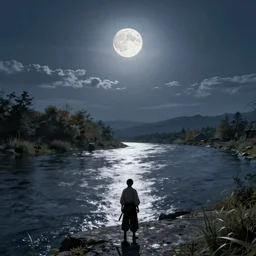 The moonlight shines on the wide river, Ghost of Tsushima, finely rendered, Unreal Engine 5, realistic