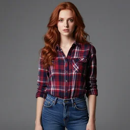 Professional photography of a young redhead woman, tartan shirt, jeans