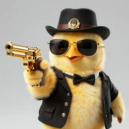 photo where a gangster animal chick appears with sunglasses, gold caneda pointing a gun