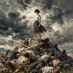 hikaru nakamura standing atop a mound of bodies. extremely detailed digital painting.