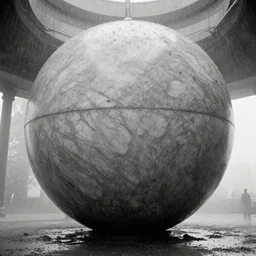 movie still of a big gigantic wide marble sphere with high ceiling, cinestill 8 0 0 t black and white, by andrei tarkovsky, heavy grain, high quality, high detail, ultra wide lens, sharpness, flares, anamorphic, foggy, mud, rain