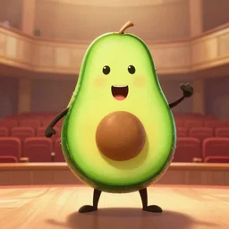 an avocado character singing opera, pixar style, concert hall background