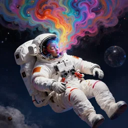sleeping astronaut floating in space with head bursting into colorful liquid smoke and clouds, an extremely colorful psychedelic experience, dmt, psilocybin, lsd, face, detailed, intricate, elegant, highly detailed, digital painting, artstation, concept art, smooth, sharp focus, illustration, art by hana yata, and artem demura and beeple, octane render, unreal engine, 8 k
