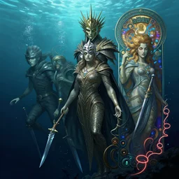 soul hunters underwater, fame of thrones, lord of daggers, neon, fibonacci, sweat drops, insane, intricate, highly detailed, digital painting, artstation, concept art, smooth, sharp focus, illustration, Unreal Engine 5, 8K, art by artgerm and greg rutkowski and alphonse mucha