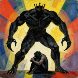 the photograph shows a the large, black - clad figure of the king looming over a small, defenseless figure huddled at his feet. the king's face is hidden in shadow, but his menacing stance and the large, sharp claws on his hands make it clear that he is a dangerous and powerful creature. by kazimir malevich exciting, brightvibrant