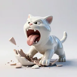 dissection of chrome, angry screaming with tongue out ceramic exploding crash miniature toy resin Figure clay animal falling apart 8K, c4d, 3d primitives, in a Studio hollow, surrounded by flying parts, explosion drawing, by pixar, beeple, by jeff koons, blender donut tutorial, symmetry