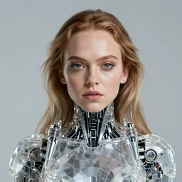 beautiful centered Fine art photo portrait of young Londsay Lohan as a solarpunk robotic humanoid, crystal mechanical parts with led lights, photorealistic, white background, highly detailed and intricate, outdoor lighting, HDR 8k