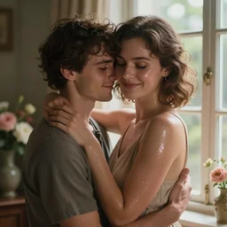 charming old photo portrait scene, of very sweet lovers hugging by the lighted window. flowers. clear face. subsurface scattering shiny skin. beautiful lighting, 4 k post - processing, trending in art station, cg society, highly detailed, 5 k extremely detailed, 3 d. cinematic scene. sharp image.