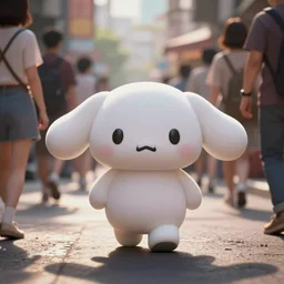 angry Sanrio brand mascot is walking through the crowded street, editorial photograph, cinematic frame, there's something up I can feel it, soft palet
