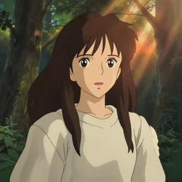portrait bust of woman, god rays, forest background, long brown hair, cloth, princess mononoke, 4 k, greg rutkowski, high detail, dramatic lighting, sunset, hayao miyazaki, masashi ando, nizou yamamoto, kazuo oga, joe hisaishi, yoji takeshige, naoya tanaka