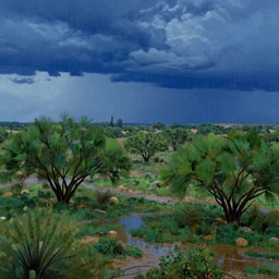 a stormy monsoon rainstorm in the arizona desert, the landscape is mostly green with lots of mesquite trees and bushes, puddles, beautiful cloudy deep blue sky, by georgia o'keeffe and thomas kinkade and quentin mabille and geoffroy thoorens, trending on artstation.