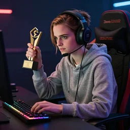 model emma watson rgb keyboard wearing a gaming headset wearing hoodie sitting on gaming chair at desk dramatic lighting controller award winning photo