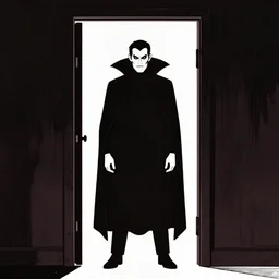 Count Dracula standing in a darkened doorway, cover art of graphic novel, simple style, solid colors, clean lines, clean ink, trending on artstation, silkscreen