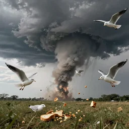 a tornado of seagulls feasting on bread