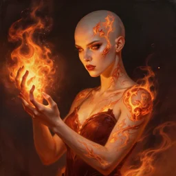 Human :: Sorceress, pretty, beautiful, DnD character art portrait, bald, fire magic, fire tattoos, matte fantasy painting, DeviantArt Artstation, by Jason Felix by Steve Argyle by Tyler Jacobson by Peter Mohrbacher, cinematic lighting.