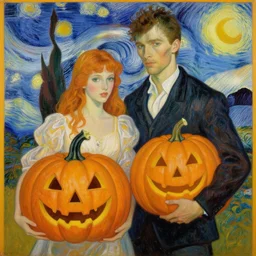 painting of handsome young delicate beautiful jeffrey in his 2 0 s with brown hair and gorgeous rina together at the giant jack o'lantern halloween party holding pumpkins, elegant, clear, painting, stylized, art, art by alphonse mucha, vincent van gogh, egon schiele,