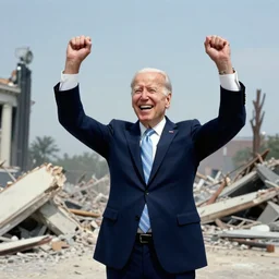 archival photograph of joe biden standing over destruction and laughing with his hands in the air