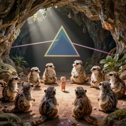 several species of small furry animals gathered together in a cave and grooving with a pict, by pink floyd