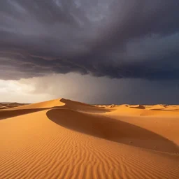 photograph of sahara sand dunes, underneath a dramatic thunderstorm sky at sunset. style of a national geographic photo. 4 k. colorful. highly detailed.