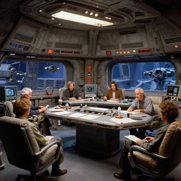 detailed spaceship office study. interior design. ralph mcquarrie scene. art by, keith parkinson, walter simonson, syd mead, keith parkinson. star wars flight simulator