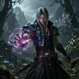 Sephiroth conjuring a spell, realistic, ultra detailed, menacing, powerful, dark, shallow focus, forest, mountains in the background concept art design as if designed by Wētā Workshop