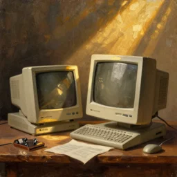 still life painting of vintage computers by pieter claesz, oil on canvas, strong lighting, highly detailed, hyper realism, golden hour, god rays, hd, 4 k