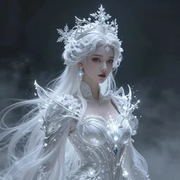 a beautiful majestic white queen with snowflakes on her hair, glowing light orbs, intricate concept art, elegant, digital painting, smooth, sharp focus, misty, deep colors, illuminated lines, outrun, vaporware, dark background, cyberpunk darksynth, ethereal, ominous, misty, 8 k, rendered in octane, by ruan jia and miho hirano and jeremy mann