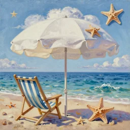 sea, beach umbrella, starfish, beach chair cloud, starfish, oil painting, intricate, dreamy aesthetic, highly detailed, octane render, unreal engine 5, by danton fadeev