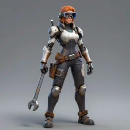 highly detailed full body character art of a female engineer wearing futuristic overalls, goggles, toolbelt, holding a wrench, Starcraft 2 videogame character, futuristic, serious, concentrated, industrial aesthetic, highly detailed, photo realistic, technical atmosphere, 8K, octane render, unreal engine