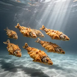 underwater photo of breaded fish fillets swimming in a shoal