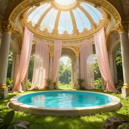 aqua pool inside ruins of interior architecture, sunlight flooding in from gold domed ceiling of filagree, pale pink sheer curtains hanging from domed ceiling, bright green grass floor, forest outside of round bubble glass in ceiling looking out at aqua sky, hyper realistic, unreal engine, octane render, golden hour, cinematic lighting, 3 d render