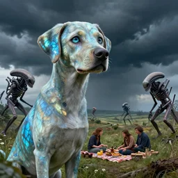 labradorite, still frame from'venus hell storm'movie by rembrandt, xenomorphs in stormy landscape by malczewski, rural xeno landscape by jakub rozalski, xenomorphs on picnic by giger