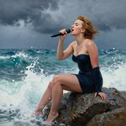scarlett johansson sitting on a rock being lashed by waves and singing, stormy weather, ocean, painting by greg rutkowski