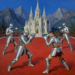 wide angle shot from above of silver ornate armor slim muay thai handsome warriors in battle!!! mountains and giant gothic abbeys in the background, fine detail, 8 k, high contrast color scheme, blue at the background red at the foreground!!!, dynamic perspective, oil canvas by greg rutkowski and peter mohrbacher